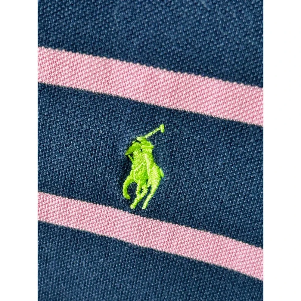 Polo Ralph Lauren Mens XL Navy Blue Pink Striped Short Sleeve Polo Shirt Green